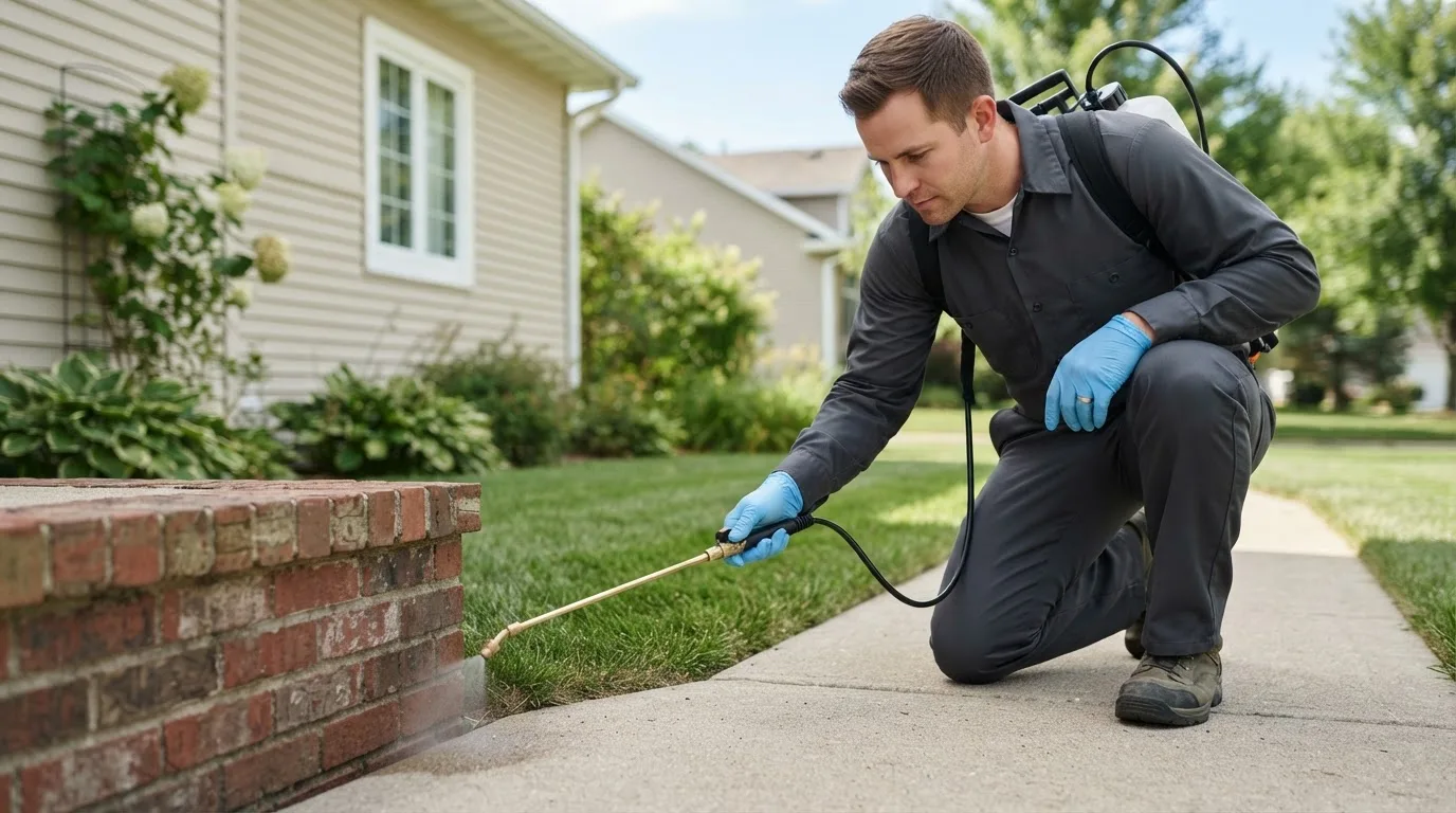 Pest control technician treating a home near Denver, MO