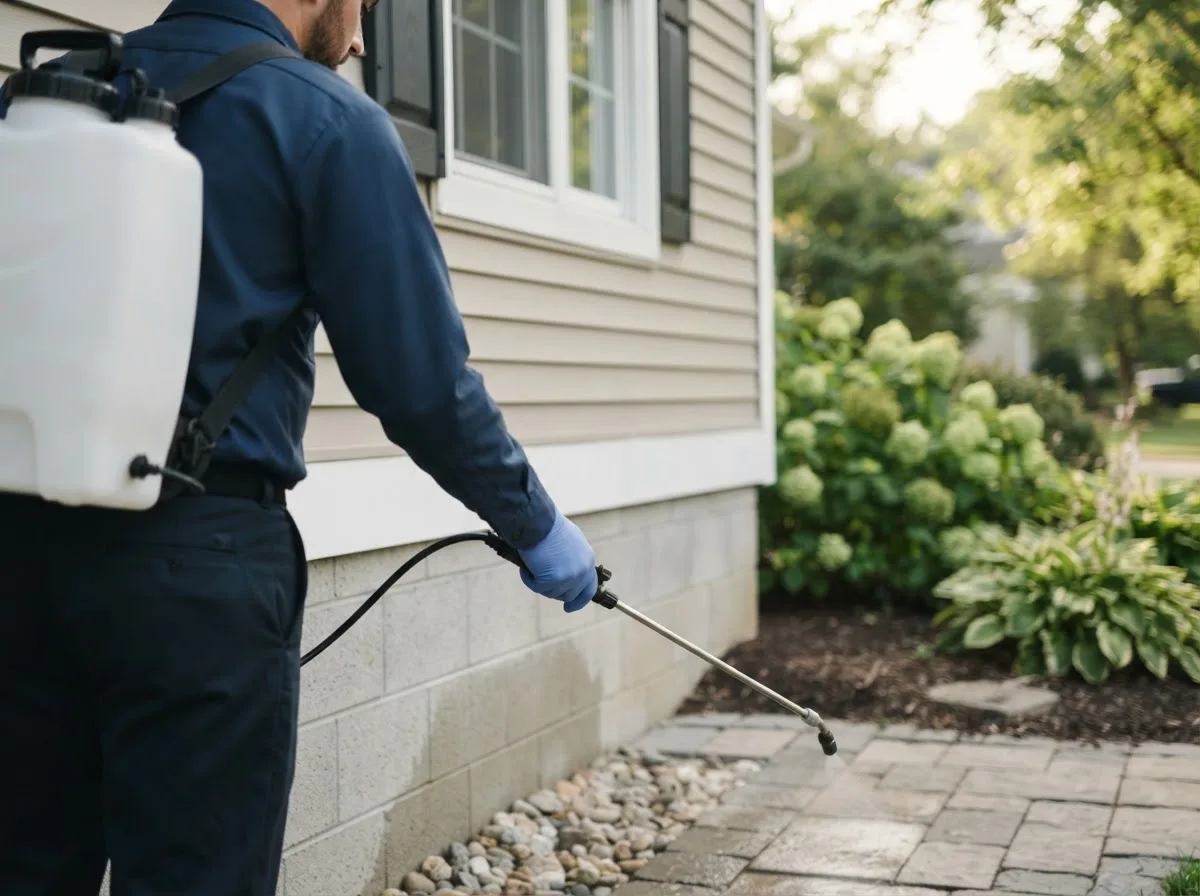 Pest control technician inspecting a home in Denver, MO